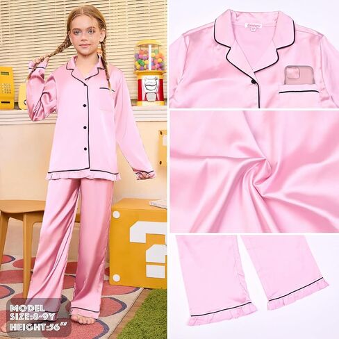 QPANCY Kids Satin Pajamas Sets Silk Pjs for Girls Ruffle Long Sleeve Button Down Sleepwear 2 Piece Loungewear Clothes Set in Saudi Arabia