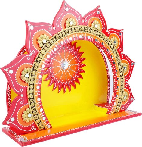 Decorative Makhar Mandap MDF Wooden Temple for Ganesha Laddu Gopal Devi Maa God Idol for Home Office Decoration Indian Traditional Festival Decorations (Size:- 13" Height)(Color:-Red,Yellow) in Saudi Arabia