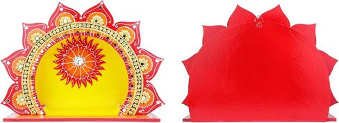 Decorative Makhar Mandap MDF Wooden Temple for Ganesha Laddu Gopal Devi Maa God Idol for Home Office Decoration Indian Traditional Festival Decorations (Size:- 13" Height)(Color:-Red,Yellow) in Saudi Arabia