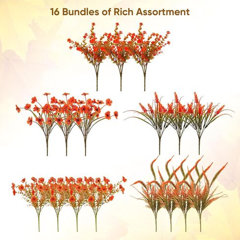 Artificial Mums Fall Flowers for Outdoors, 12 Bundles Fake Mums Faux Plants for Outdoor Planters Autumn Decorations,UV Resistant Silk Flowers for Front Porch Garden Patio Home Decor (SET1) in Saudi Arabia