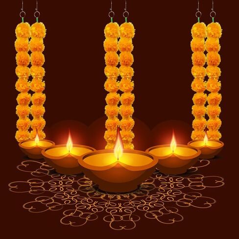 إكليل صفراء صفراء ذهبية مصطنعة ، ديكورات هندية أمريكية مصنوعة يدويًا لـ Dia de Los Muertos ، Pooja ، ديوالي ، حفلات ، حفلات زفاف 4 قطع برتقالية أصفر in Kuwait