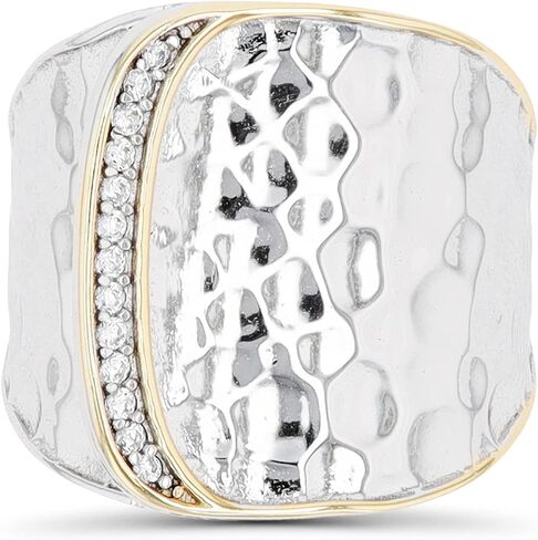 Sterling Silver Yellow & Rhodium Hammered Cubic Zirconia Overlapped Fashion Band Ring in Saudi Arabia