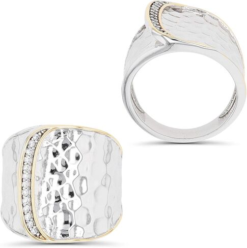 Sterling Silver Yellow & Rhodium Hammered Cubic Zirconia Overlapped Fashion Band Ring in Saudi Arabia