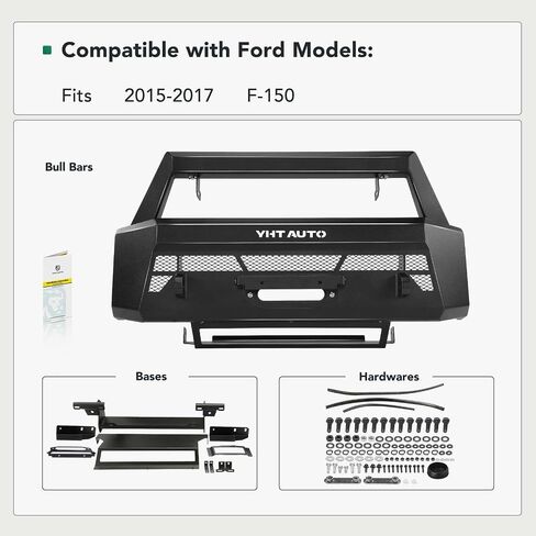 Yhtauto Bull Bar Bar مع Skid Plate Light Mount Fit Ford Models ، F-150 2015 2015 2017 ، واقي فرشاة الصلب الثقيل للشاحنة الأمامية المصد سوداء على الطرق الوعرة in Kuwait