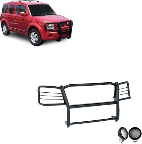 Black Horse Grille Brush Bumper Guard Modular Black Come with Pair of 5.3" Dia.LED Lights with Black Trim Rings Compatible with 2003-2008 Honda Element-17A155900MA-PLFB in Saudi Arabia