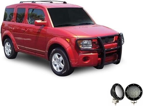 Black Horse Grille Brush Bumper Guard Modular Black Come with Pair of 5.3" Dia.LED Lights with Black Trim Rings Compatible with 2003-2008 Honda Element-17A155900MA-PLFB in Saudi Arabia