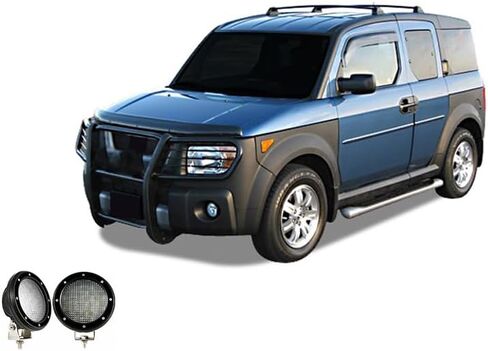 Black Horse Grille Brush Bumper Guard Modular Black Come with Pair of 5.3" Dia.LED Lights with Black Trim Rings Compatible with 2003-2008 Honda Element-17A155900MA-PLFB in Saudi Arabia