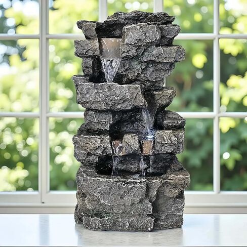 Tabletop Rock Waterfall Fountain with Led Lights - Indoor Decorative Desk Water Fountain, Multi-Tier Design, Quiet and Soothing, 6.29" l x 4.33" w x 11.02" h in Saudi Arabia