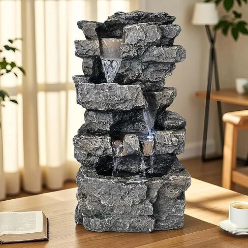 Tabletop Rock Waterfall Fountain with Led Lights - Indoor Decorative Desk Water Fountain, Multi-Tier Design, Quiet and Soothing, 6.29" l x 4.33" w x 11.02" h in Saudi Arabia