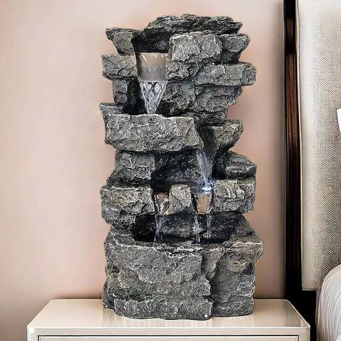 Tabletop Rock Waterfall Fountain with Led Lights - Indoor Decorative Desk Water Fountain, Multi-Tier Design, Quiet and Soothing, 6.29" l x 4.33" w x 11.02" h in Saudi Arabia