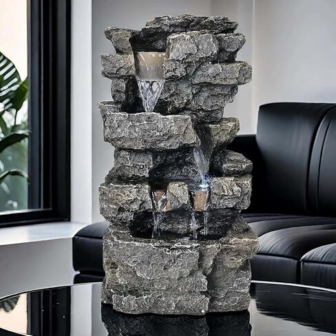 Tabletop Rock Waterfall Fountain with Led Lights - Indoor Decorative Desk Water Fountain, Multi-Tier Design, Quiet and Soothing, 6.29" l x 4.33" w x 11.02" h in Saudi Arabia
