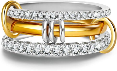 Gold Stackable Rings for Women Non Tarnish, 18k Gold Plated Cubic Zirconia Rings, Silver Gold Multi-link Ring Mixed Metals Stack Rings Set in Saudi Arabia