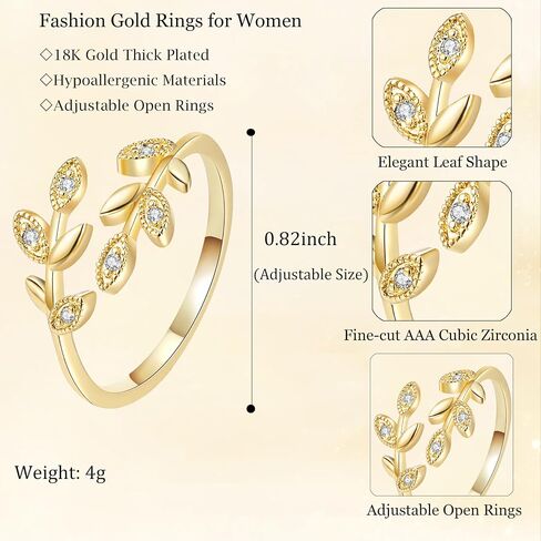 Gold Rings for Women Non Tarnish, 18K Gold Plated Trendy Stackable Gold Rings, Adjustable Open Statement Rings with Cubic Zirconia in Saudi Arabia