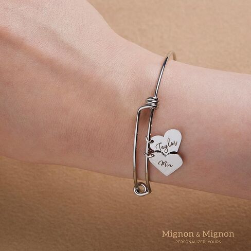 MignonandMignon Personalized Name Bracelets for Women Handmade Heart Charm Custom Engraved Name Bangle Unique Gift for Her Grandma Bracelets for women – ABR-MH in Saudi Arabia