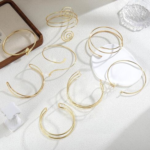 8 Pcs Upper Arm Cuff Jewelry for Women Gold Silver Minimalist Arm Cuffs Bangle Band Armlet Adjustable Coil Armband Bracelet Set Jewelry in Kuwait