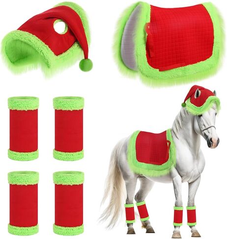 Abbylike 6 Pcs Christmas Holiday Santa Leg Wraps with Faux Fur Trim Holiday Santa Horse Hat All Purpose Santa Saddle Pad for Christmas Horse Costume Accessories in Saudi Arabia