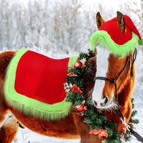 Abbylike 6 Pcs Christmas Holiday Santa Leg Wraps with Faux Fur Trim Holiday Santa Horse Hat All Purpose Santa Saddle Pad for Christmas Horse Costume Accessories in Saudi Arabia