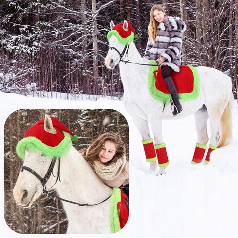 Abbylike 6 Pcs Christmas Holiday Santa Leg Wraps with Faux Fur Trim Holiday Santa Horse Hat All Purpose Santa Saddle Pad for Christmas Horse Costume Accessories in Saudi Arabia