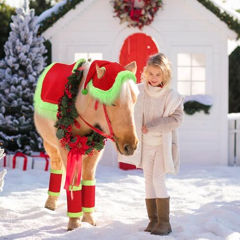 Abbylike 6 Pcs Christmas Holiday Santa Leg Wraps with Faux Fur Trim Holiday Santa Horse Hat All Purpose Santa Saddle Pad for Christmas Horse Costume Accessories in Saudi Arabia