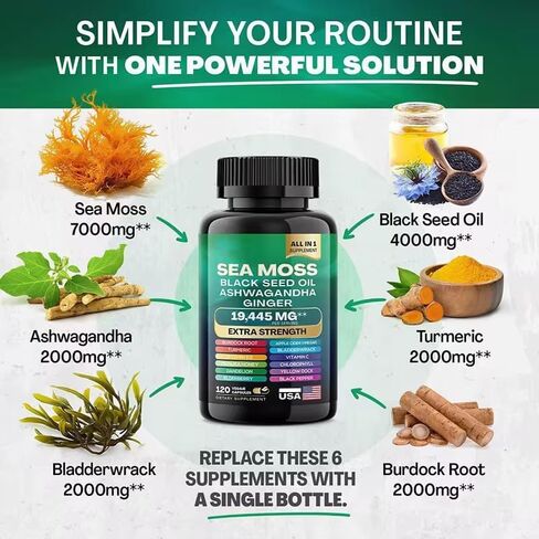 22-in-1 Sea Moss Herbal Complement مع Himalayan Shilajit ، Ashwagandha ، Rhodiola Rosea ، Ginseng ، 19445mg ، Capsules Veggie (60 Capsules ، Sea Moss) in Kuwait