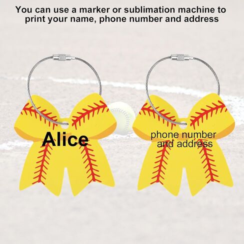 Boxob 12 PCS Softball Bow Luggage Tags ، 2.75in forcase ables with metal pvc keychain diy name name card 3d baseball accessories for men women girls faccase bage bagecas in Saudi Arabia