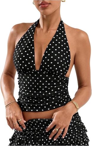 Milumia Women Polka Dots Tie Backless Mesh Halter Crop Top Deep V Neck Ruched Party Club Tank Tops in Saudi Arabia