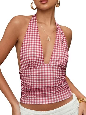 Milumia Women Polka Dots Tie Backless Mesh Halter Crop Top Deep V Neck Ruched Party Club Tank Tops in Kuwait