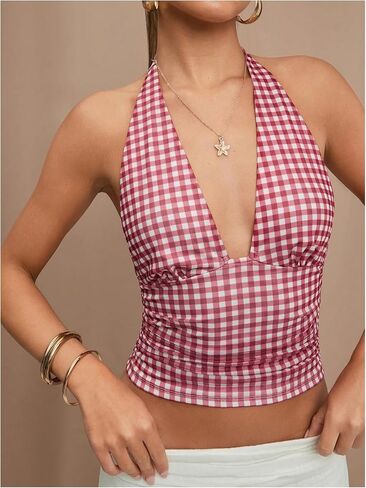 Milumia Women Polka Dots Tie Backless Mesh Halter Crop Top Deep V Neck Ruched Party Club Tank Tops in Kuwait