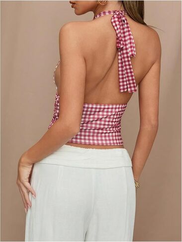 Milumia Women Polka Dots Tie Backless Mesh Halter Crop Top Deep V Neck Ruched Party Club Tank Tops in Kuwait
