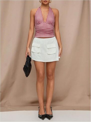 Milumia Women Polka Dots Tie Backless Mesh Halter Crop Top Deep V Neck Ruched Party Club Tank Tops in Kuwait