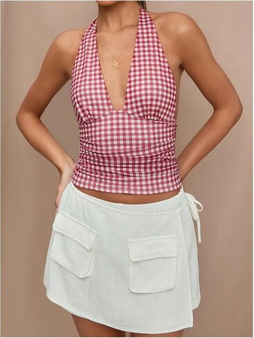 Milumia Women Polka Dots Tie Backless Mesh Halter Crop Top Deep V Neck Ruched Party Club Tank Tops in Kuwait