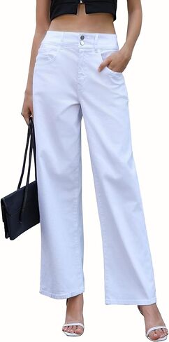 اوف لاك بنطلون جينز فضفاض بخصر مرتفع وارجل واسعة، جينز بوي فريند بنمط التسعينيات مع جيوب in Kuwait