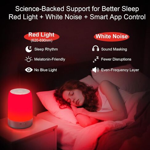 Red Light Sleep Sound Machine – Night Light for Bedroom with 5-Level Red Light Therapy (620–690nm), 32 White Noise & Nature Sounds, Smart App Control, Timer & Wake-Up Alarm Clock in Kuwait