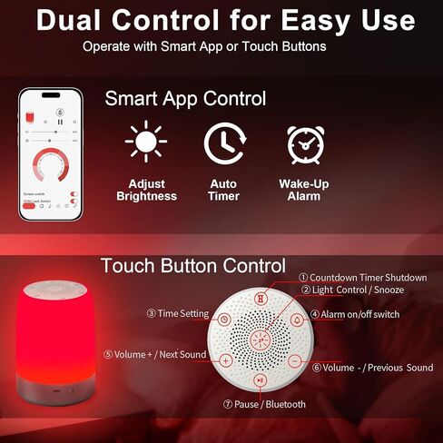 Red Light Sleep Sound Machine – Night Light for Bedroom with 5-Level Red Light Therapy (620–690nm), 32 White Noise & Nature Sounds, Smart App Control, Timer & Wake-Up Alarm Clock in Kuwait