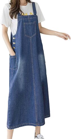 Ebossy Women's Patchwork Denim Bib بشكل عام الزر غير الرسمي Jean Maxi Long Pinafore فستان مع جيب in Saudi Arabia