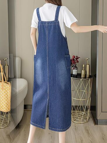 Ebossy Women's Patchwork Denim Bib بشكل عام الزر غير الرسمي Jean Maxi Long Pinafore فستان مع جيب in Saudi Arabia