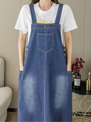 Ebossy Women's Patchwork Denim Bib بشكل عام الزر غير الرسمي Jean Maxi Long Pinafore فستان مع جيب in Saudi Arabia