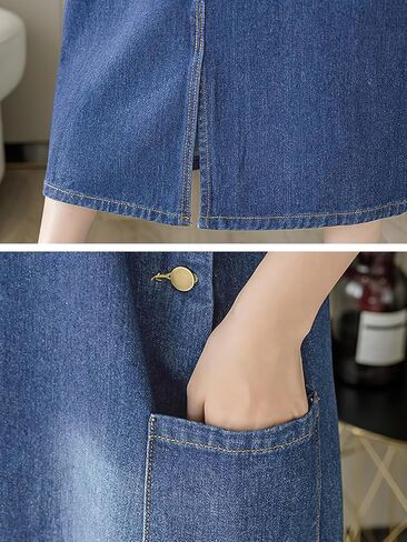 Ebossy Women's Patchwork Denim Bib بشكل عام الزر غير الرسمي Jean Maxi Long Pinafore فستان مع جيب in Saudi Arabia