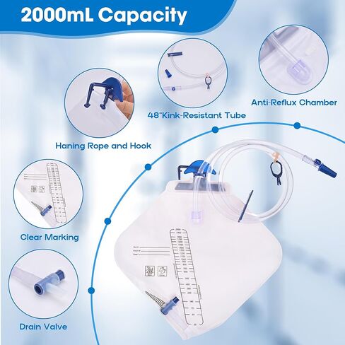 Urinary Drainage Bag 2000ml, Catheter Bags for Men, Large Urine Bags with Anti-Reflux Chamber & 48" Drainage Tube, for Home and Hospitals Use, 3Pack in Kuwait