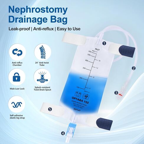 2 Pcs Nephrostomy Drainage Bag 600ml with Soft 24-Inch Tube, Portable Urine Collection Bag with Twist Valve and Adjustable Leg Straps in Kuwait