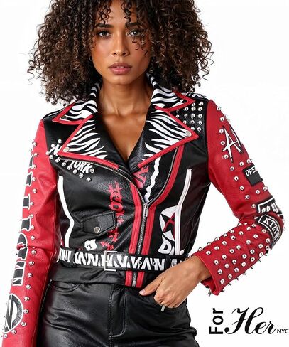 ForHer NYC Women's Punk Faux Leather Jacket, Black/Red, S-2X, Studded Accents, Zebra Print - 81763 in Saudi Arabia