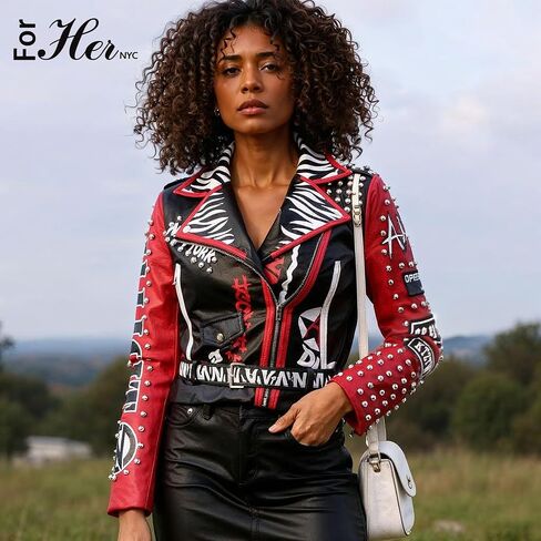 ForHer NYC Women's Punk Faux Leather Jacket, Black/Red, S-2X, Studded Accents, Zebra Print - 81763 in Saudi Arabia