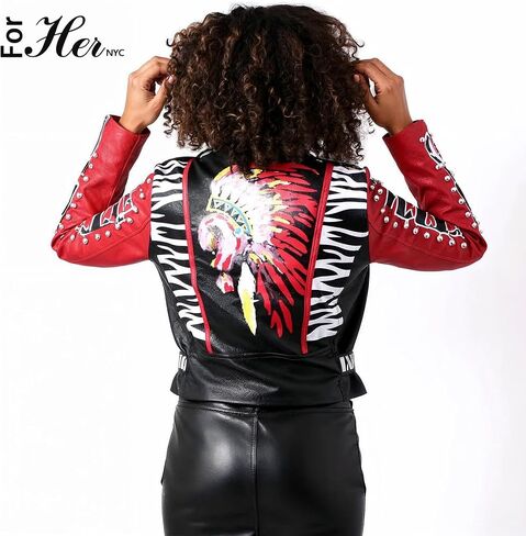 ForHer NYC Women's Punk Faux Leather Jacket, Black/Red, S-2X, Studded Accents, Zebra Print - 81763 in Saudi Arabia