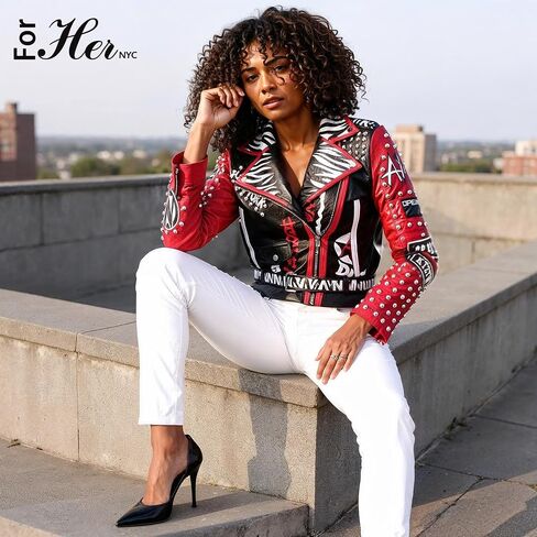 ForHer NYC Women's Punk Faux Leather Jacket, Black/Red, S-2X, Studded Accents, Zebra Print - 81763 in Saudi Arabia