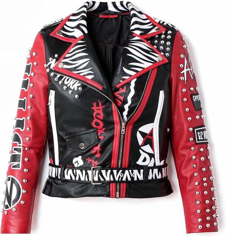 ForHer NYC Women's Punk Faux Leather Jacket, Black/Red, S-2X, Studded Accents, Zebra Print - 81763 in Saudi Arabia