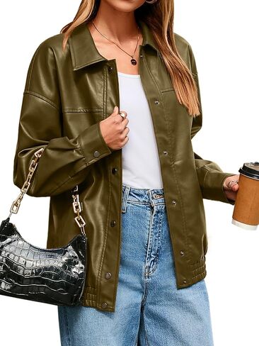 جبل Glamaker Womens Vaux Leather Getty سترة سقوط ملابس زر أسفل جاكيتات القاذفة معطف الشتاء in Saudi Arabia