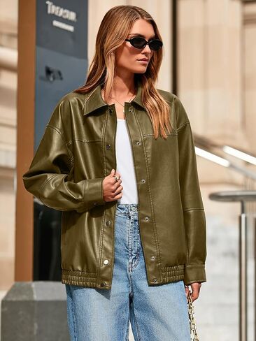 جبل Glamaker Womens Vaux Leather Getty سترة سقوط ملابس زر أسفل جاكيتات القاذفة معطف الشتاء in Saudi Arabia