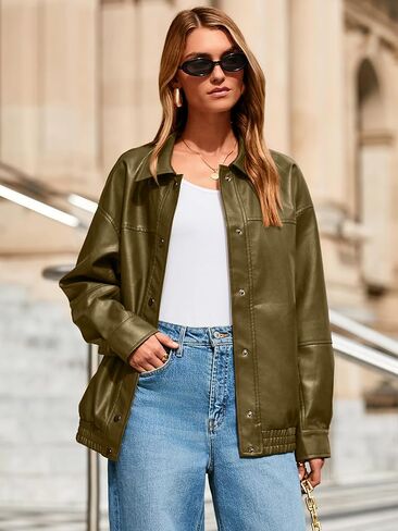جبل Glamaker Womens Vaux Leather Getty سترة سقوط ملابس زر أسفل جاكيتات القاذفة معطف الشتاء in Saudi Arabia