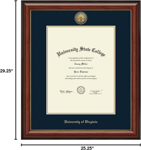 University of Virginia 17" w x 22" h Diploma Frame - Fits a bachelor's, master's and phd - Gold Engraved Medallion Diploma Frame - Cherry Moulding with Navy and Gold Matting in Saudi Arabia