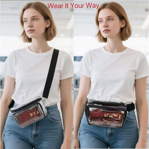 Clear Fanny Pack Stadium Approved, Clear Bag for Stadium Events Crossbody Belt Bag for Women Men Transparent Waist Pack, Black in Saudi Arabia